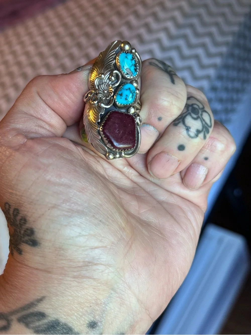 Vintage 1970s Rose Castillo Navajo Sterling Silver Turquoise Spiny Oyster Ring